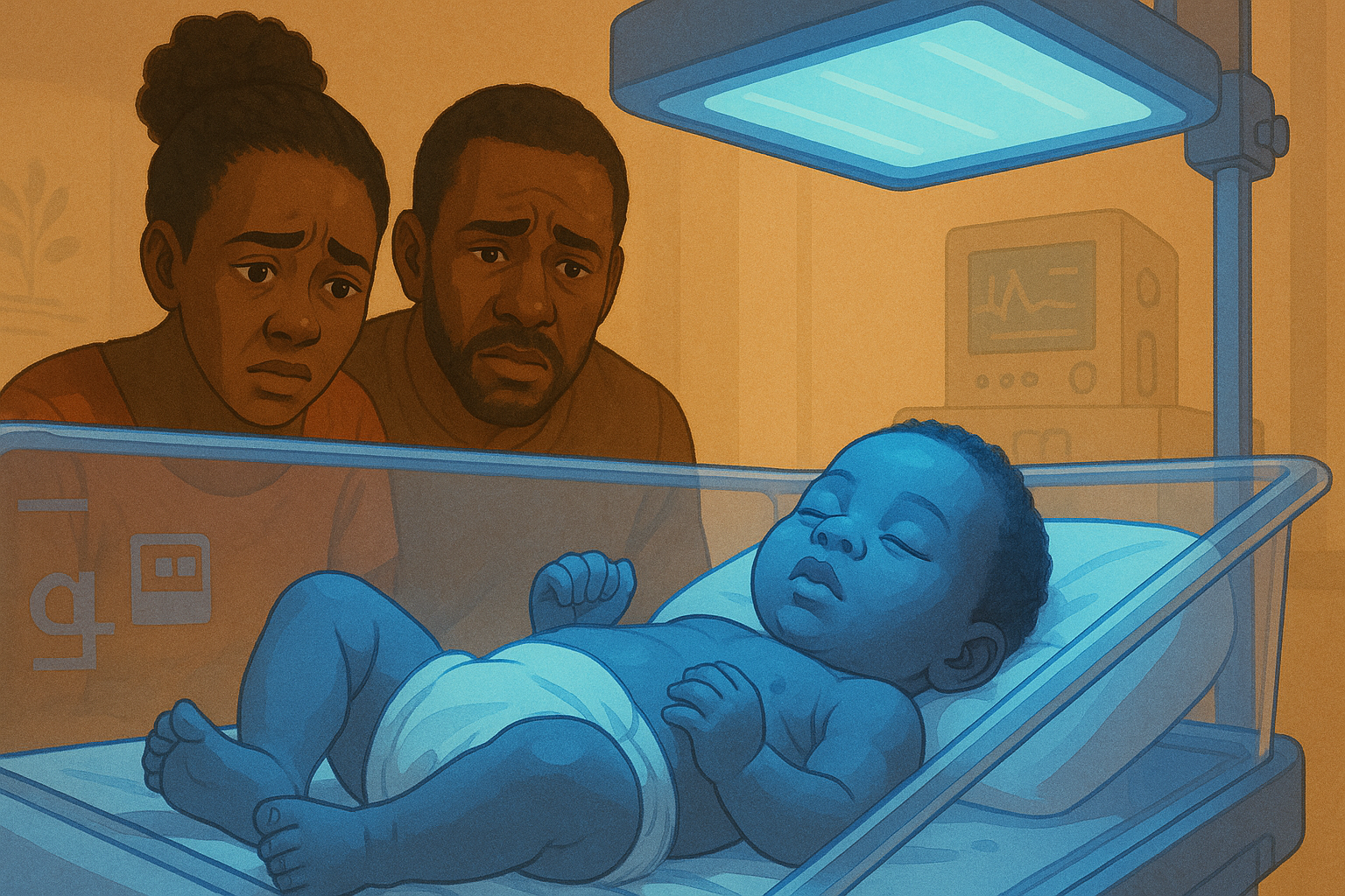 Family watching over newborn receiving phototherapy treatment